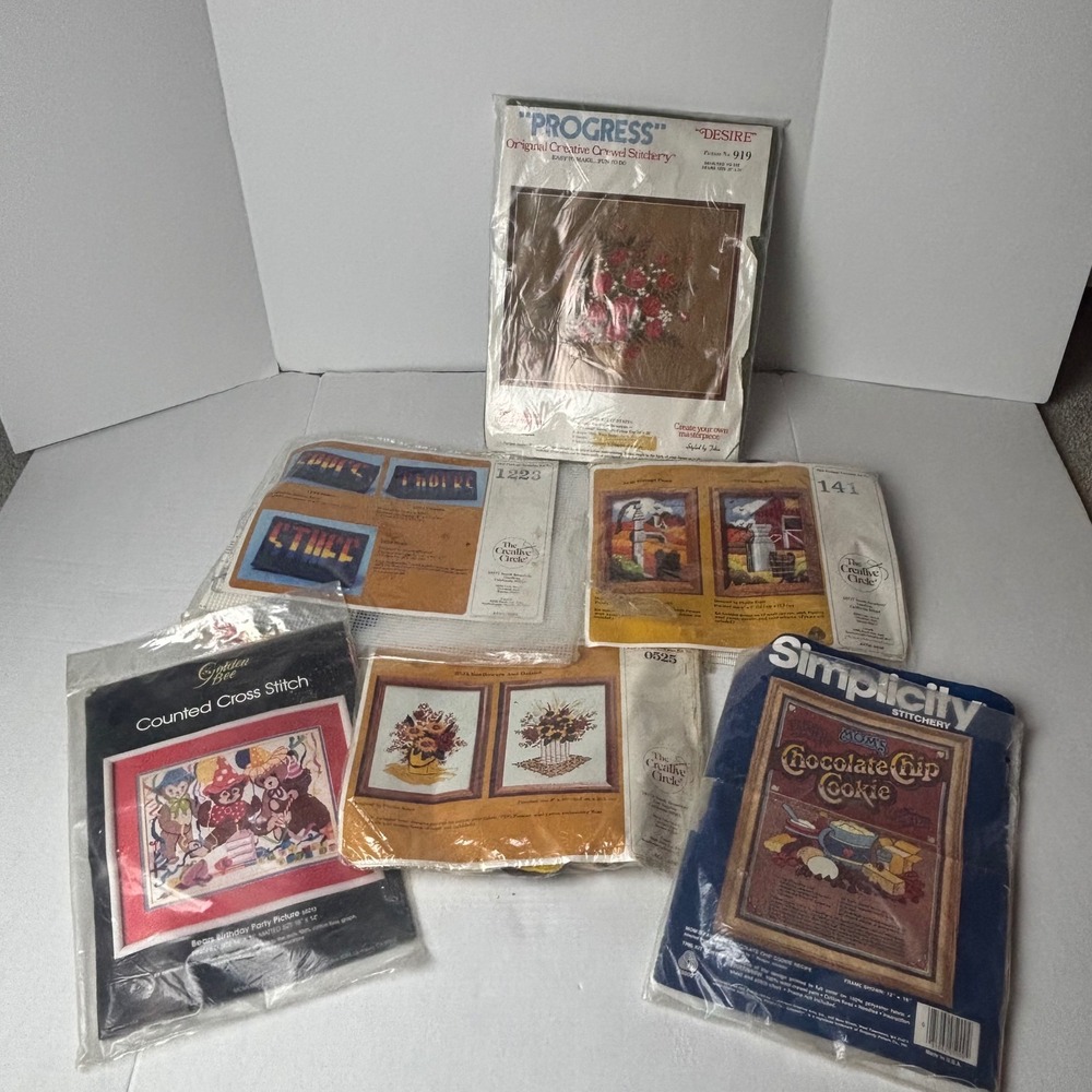 Vintage Needlework Kit Lot‎ 6 Simplicity Creative Circle Crewel Cross Stitch 80s